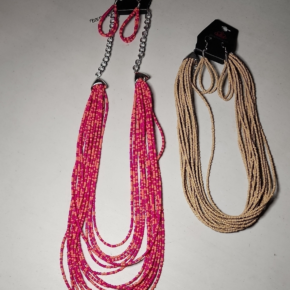 Vibrant Pink and Tan Beaded Necklace Set with earrings